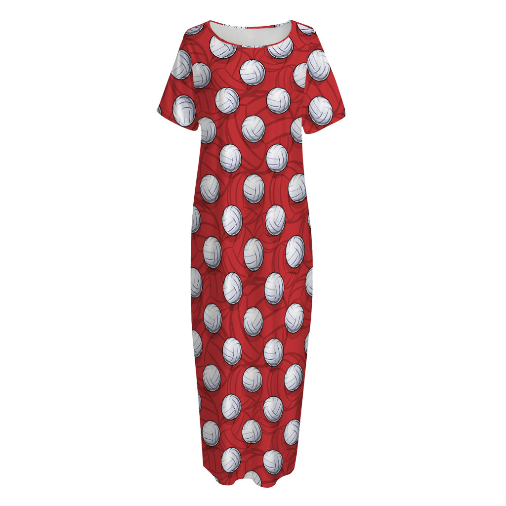 Red And White Volleyball Pattern Print Short Sleeve Long Nightdress