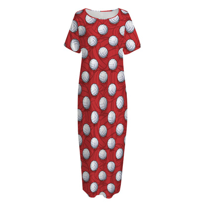 Red And White Volleyball Pattern Print Short Sleeve Long Nightdress
