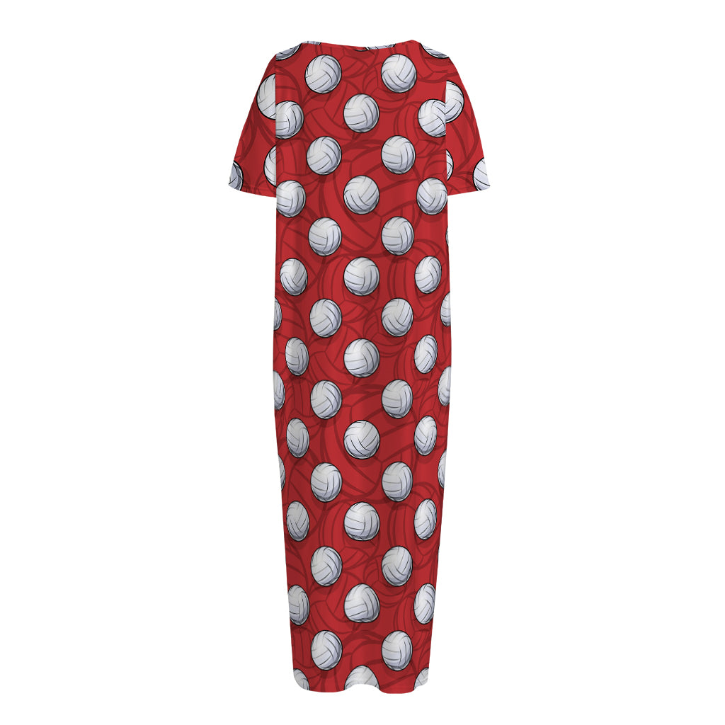 Red And White Volleyball Pattern Print Short Sleeve Long Nightdress