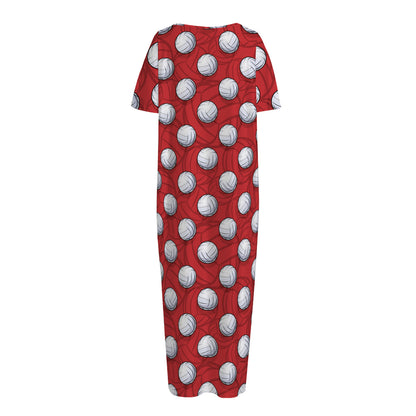 Red And White Volleyball Pattern Print Short Sleeve Long Nightdress