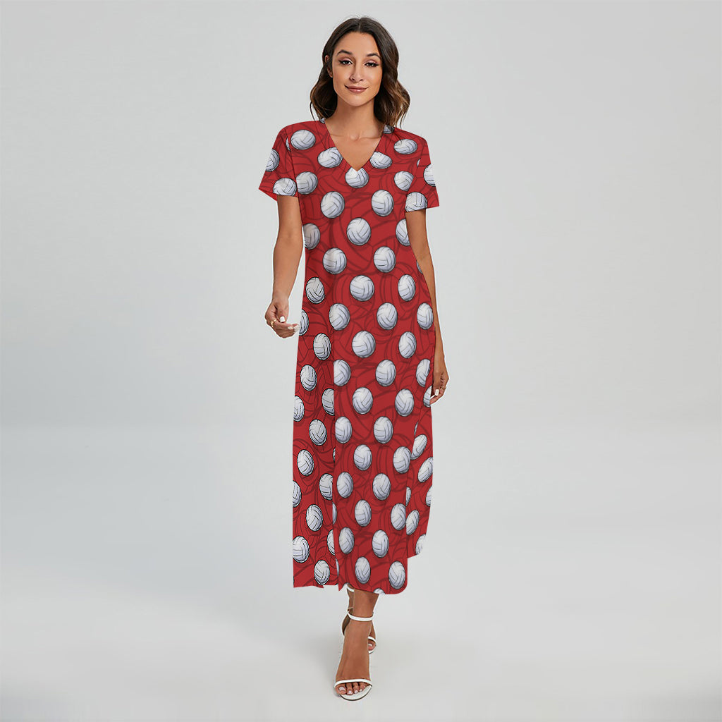 Red And White Volleyball Pattern Print Short Sleeve Maxi Dress