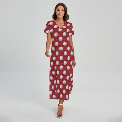 Red And White Volleyball Pattern Print Short Sleeve Maxi Dress
