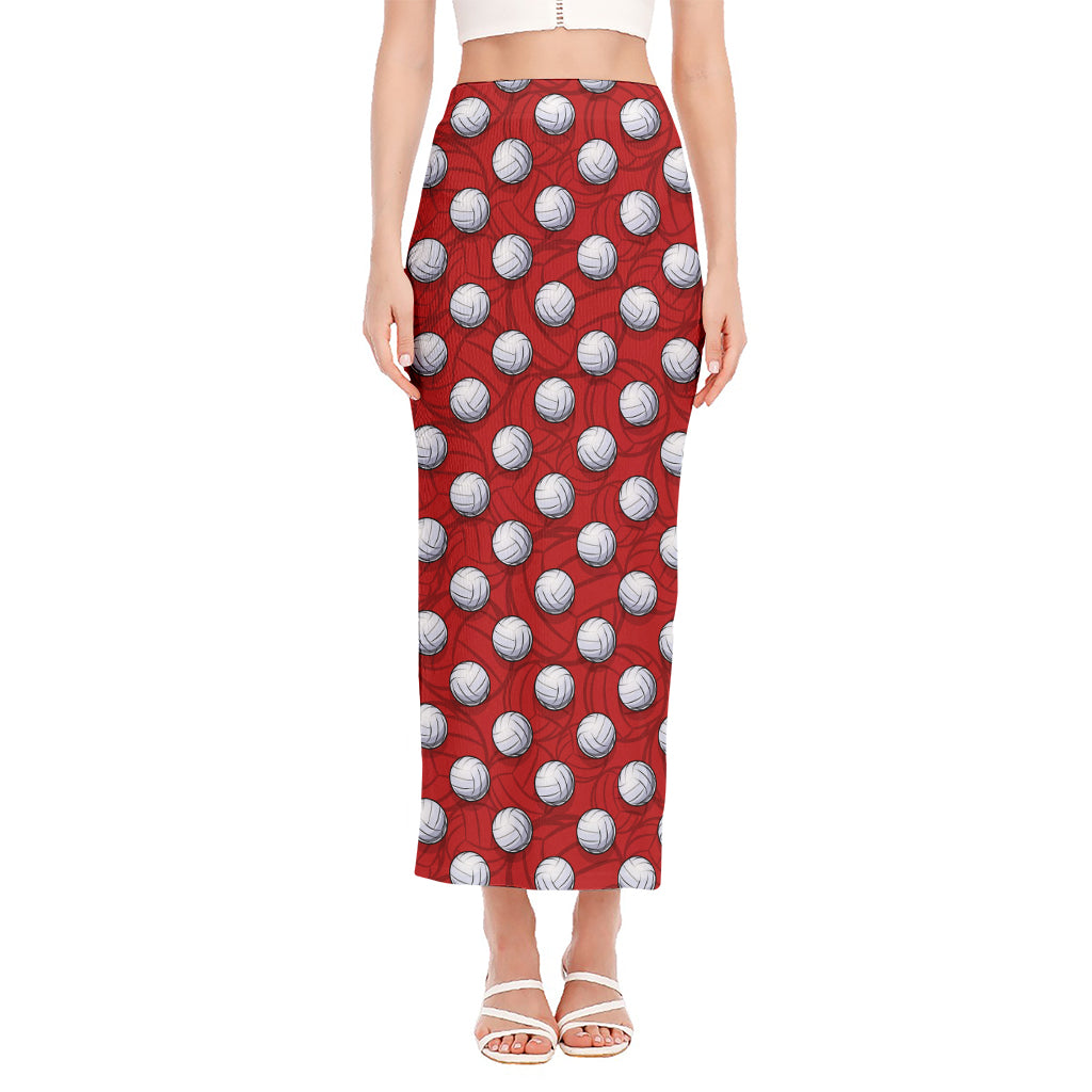 Red And White Volleyball Pattern Print Side Slit Maxi Skirt