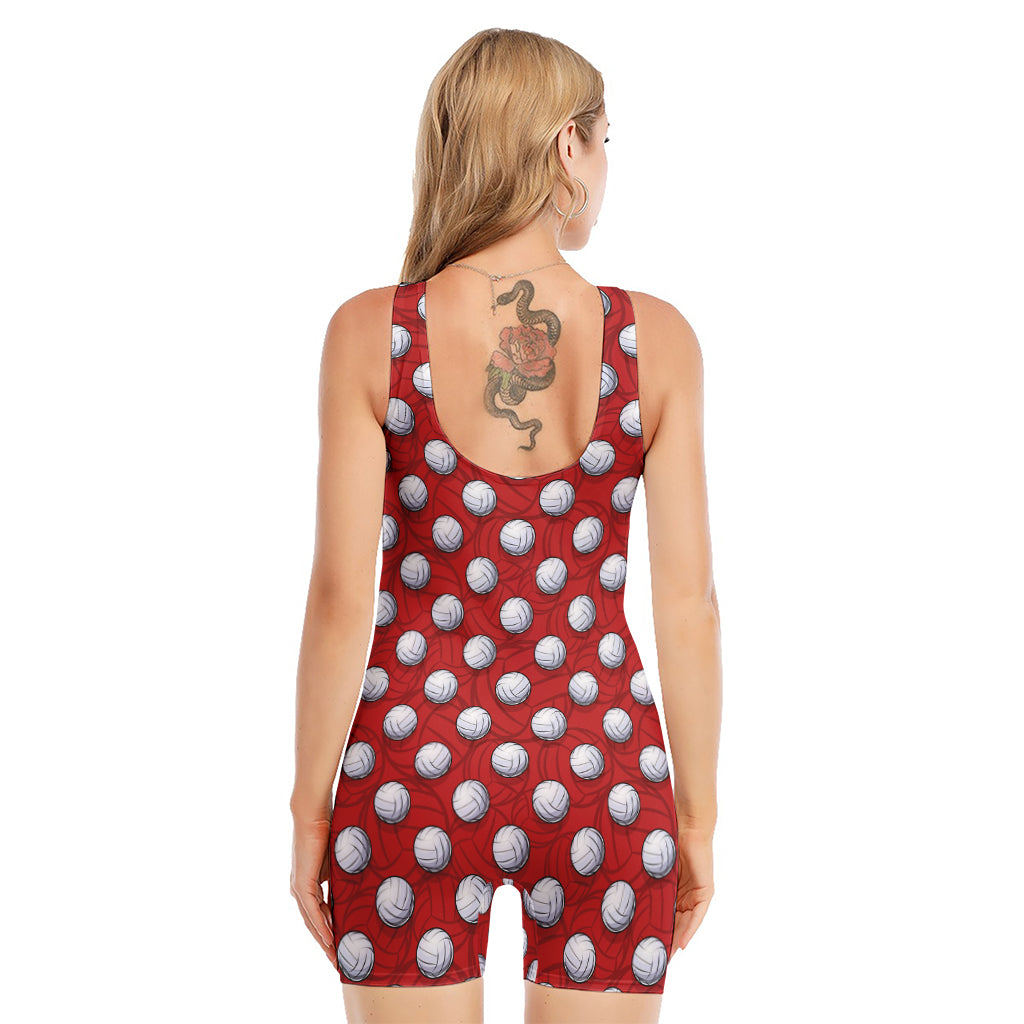 Red And White Volleyball Pattern Print Sleeveless One Piece Swimsuit