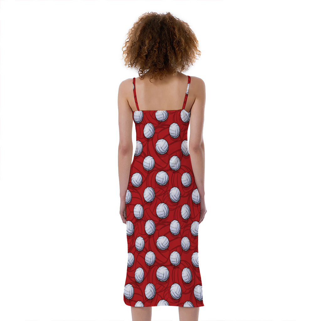 Red And White Volleyball Pattern Print Slim Fit Midi Cami Dress