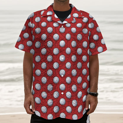 Red And White Volleyball Pattern Print Textured Short Sleeve Shirt