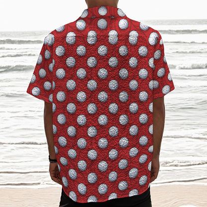 Red And White Volleyball Pattern Print Textured Short Sleeve Shirt