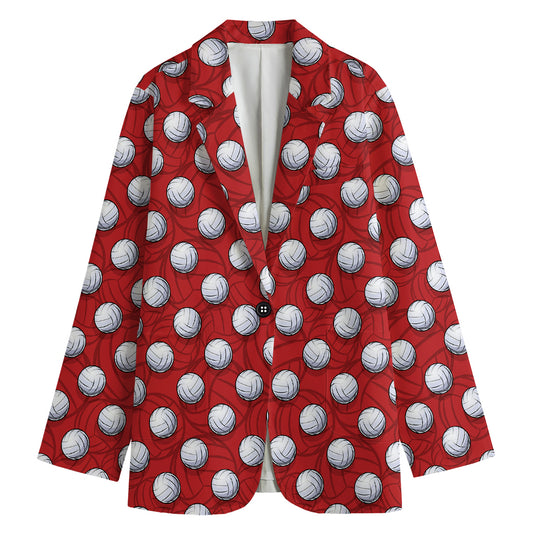 Red And White Volleyball Pattern Print Women's Cotton Blazer