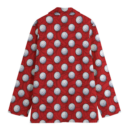Red And White Volleyball Pattern Print Women's Cotton Blazer
