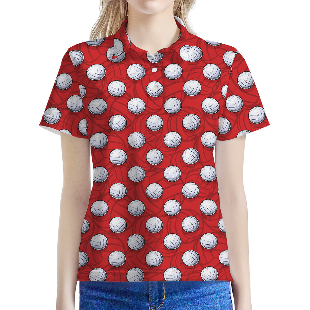 Red And White Volleyball Pattern Print Women's Polo Shirt