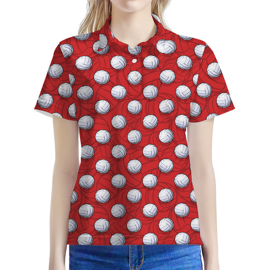 Red And White Volleyball Pattern Print Women's Polo Shirt