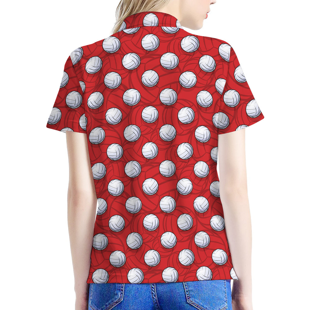 Red And White Volleyball Pattern Print Women's Polo Shirt