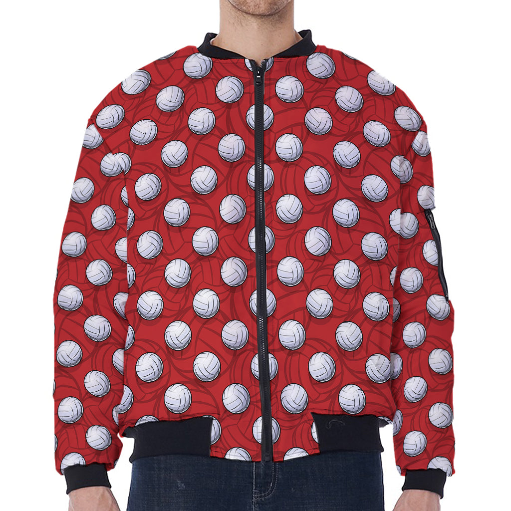 Red And White Volleyball Pattern Print Zip Sleeve Bomber Jacket