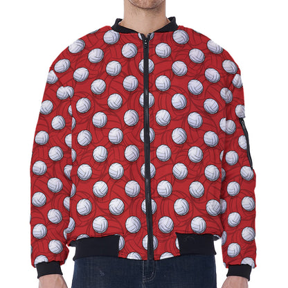Red And White Volleyball Pattern Print Zip Sleeve Bomber Jacket