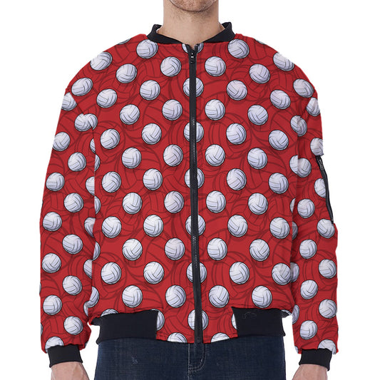 Red And White Volleyball Pattern Print Zip Sleeve Bomber Jacket