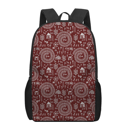 Red And White Warli Tribal Print 17 Inch Backpack