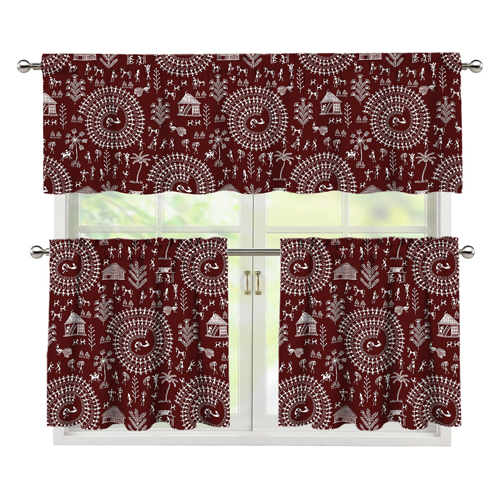 Red And White Warli Tribal Print 3 Piece Kitchen Curtains