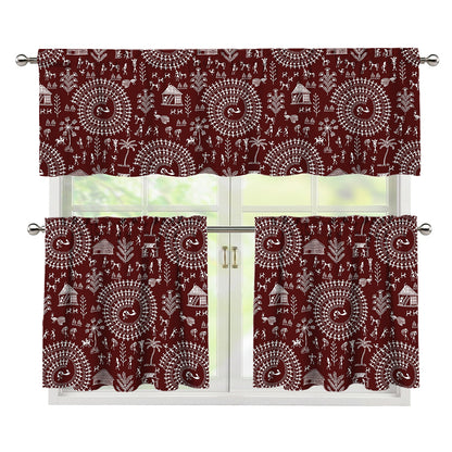 Red And White Warli Tribal Print 3 Piece Kitchen Curtains