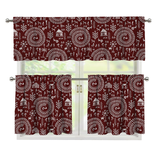 Red And White Warli Tribal Print 3 Piece Kitchen Curtains