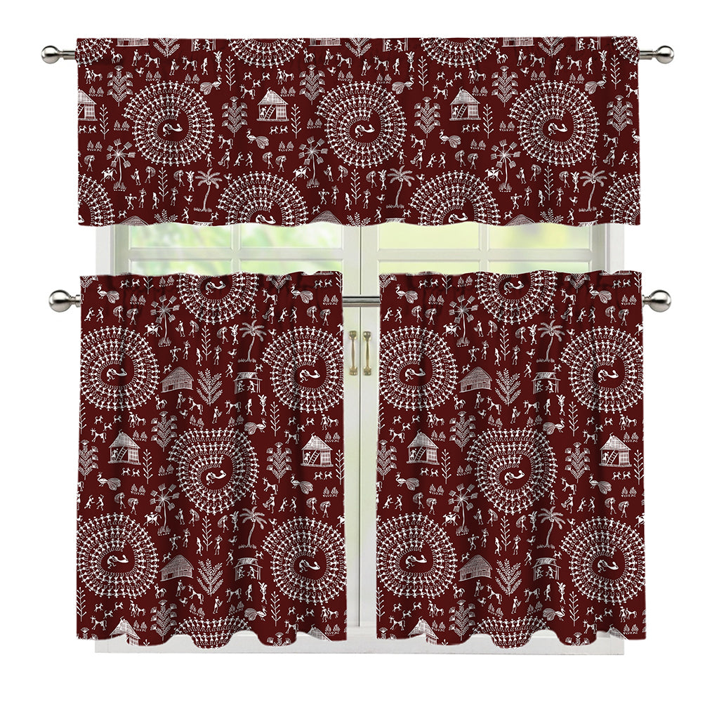 Red And White Warli Tribal Print 3 Piece Kitchen Curtains