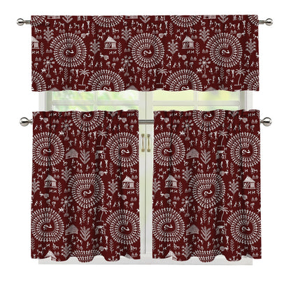 Red And White Warli Tribal Print 3 Piece Kitchen Curtains