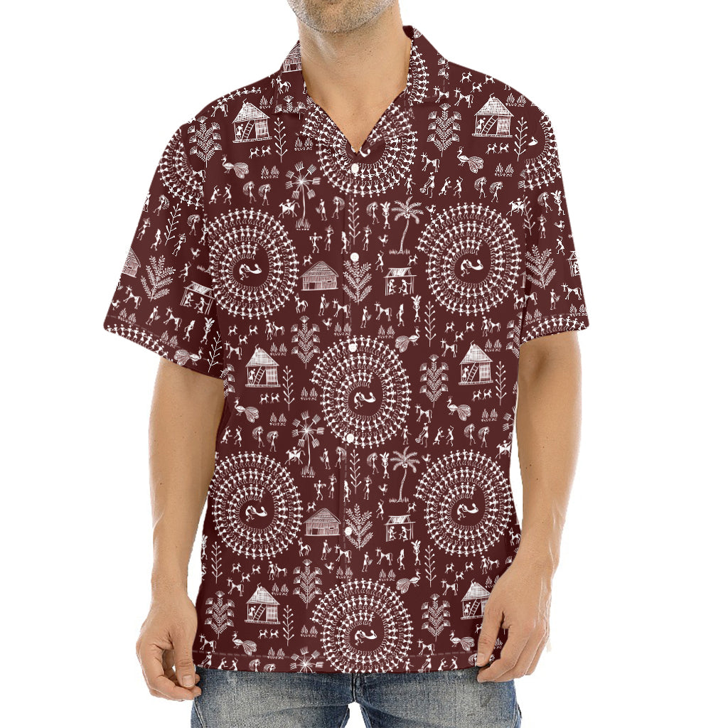 Red And White Warli Tribal Print Aloha Shirt