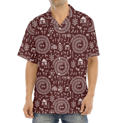 Red And White Warli Tribal Print Aloha Shirt