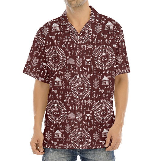 Red And White Warli Tribal Print Aloha Shirt
