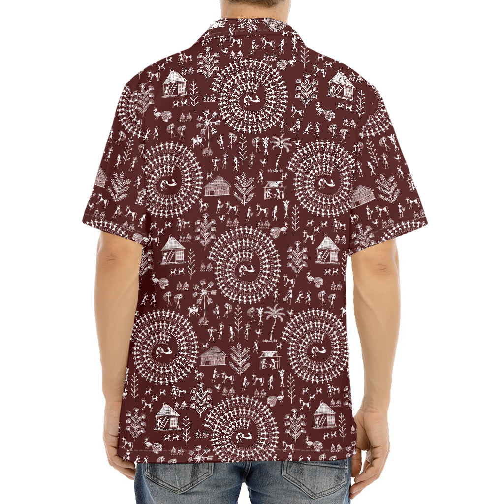 Red And White Warli Tribal Print Aloha Shirt