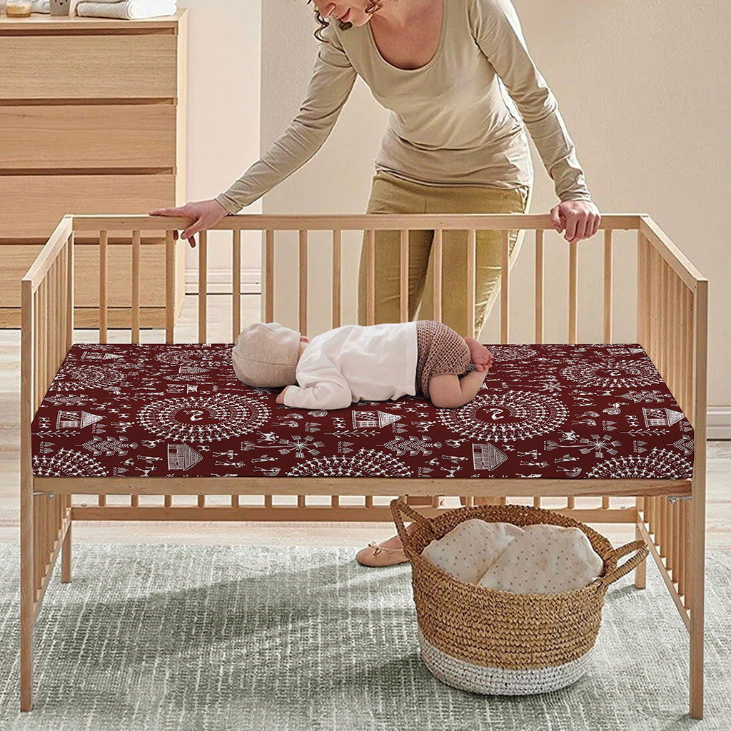 Red And White Warli Tribal Print Baby Crib Sheet