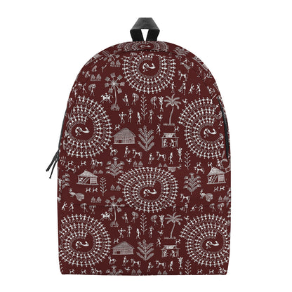 Red And White Warli Tribal Print Backpack