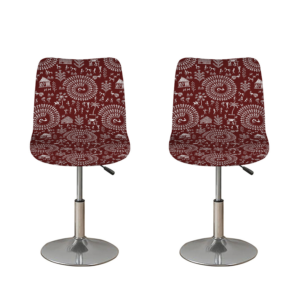 Red And White Warli Tribal Print Bar Stool Covers