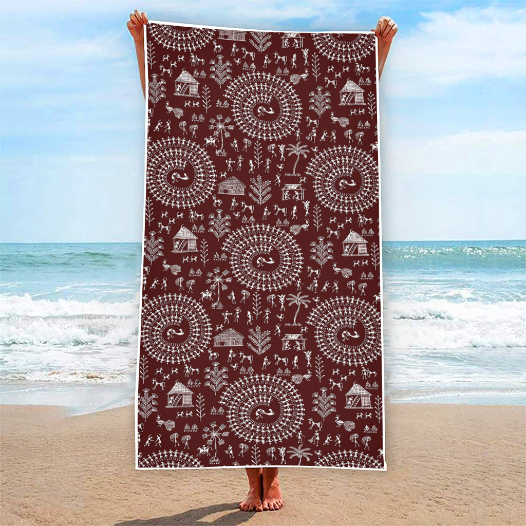 Red And White Warli Tribal Print Beach Towel