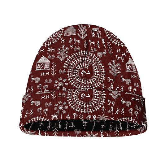 Red And White Warli Tribal Print Beanie