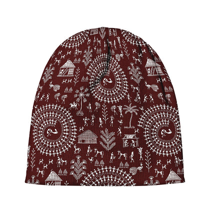 Red And White Warli Tribal Print Beanie