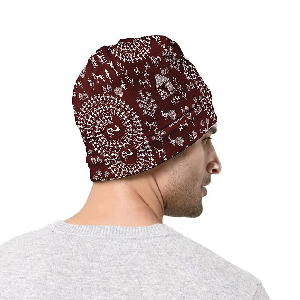 Red And White Warli Tribal Print Beanie