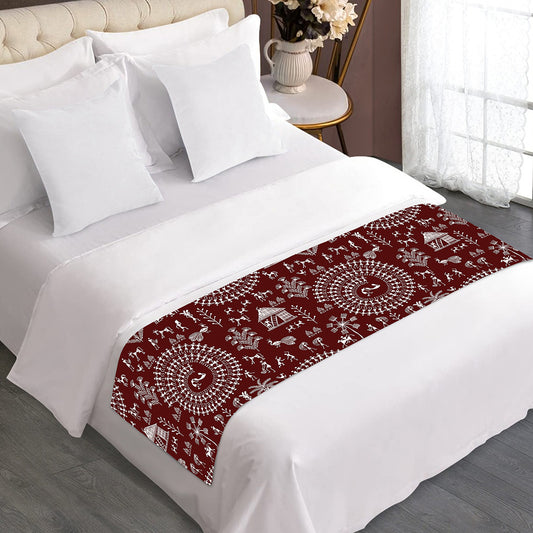 Red And White Warli Tribal Print Bed Runner
