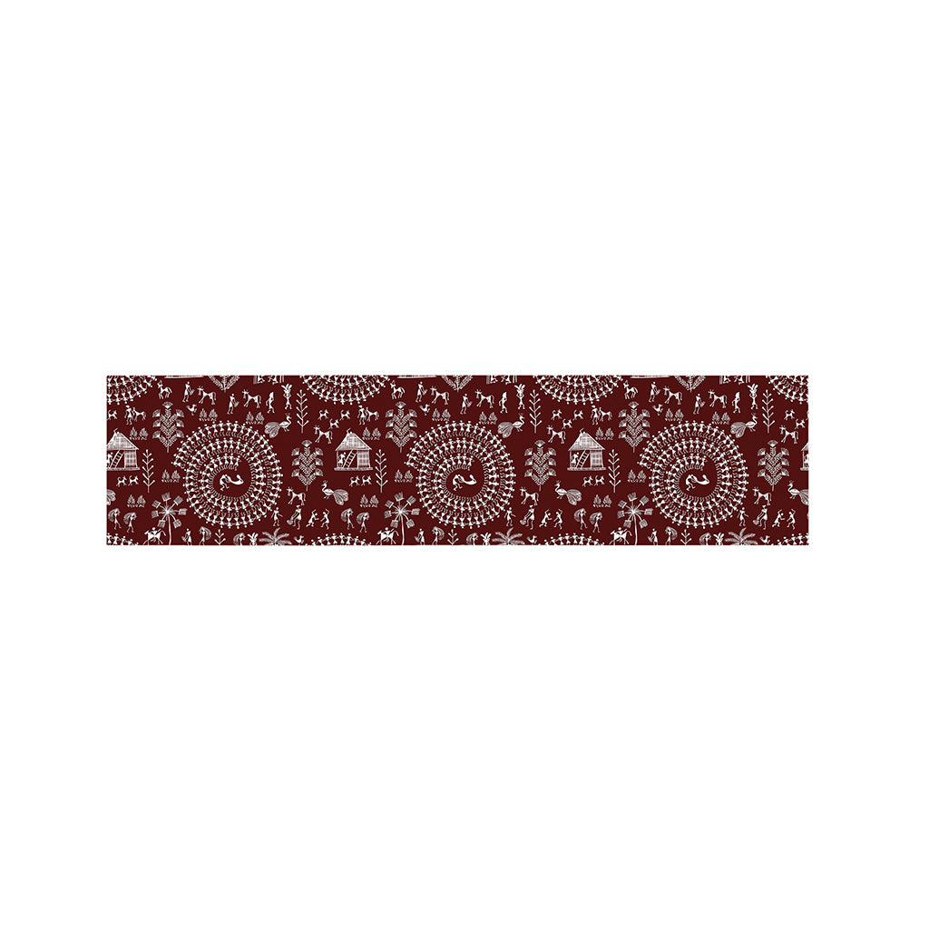 Red And White Warli Tribal Print Bed Runner
