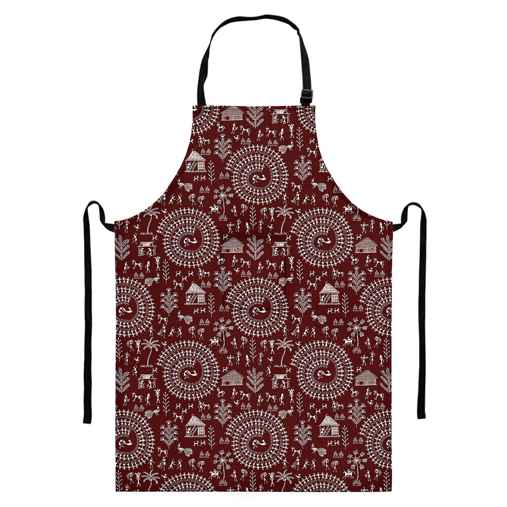 Red And White Warli Tribal Print Bib Apron With Pocket