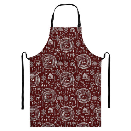 Red And White Warli Tribal Print Bib Apron With Pocket