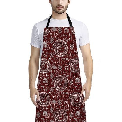 Red And White Warli Tribal Print Bib Apron With Pocket
