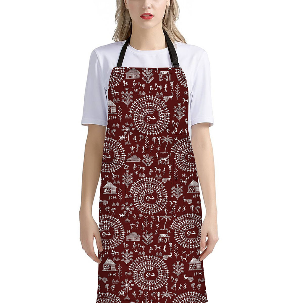 Red And White Warli Tribal Print Bib Apron With Pocket