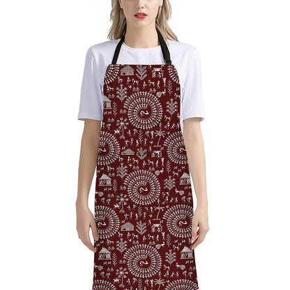 Red And White Warli Tribal Print Bib Apron With Pocket