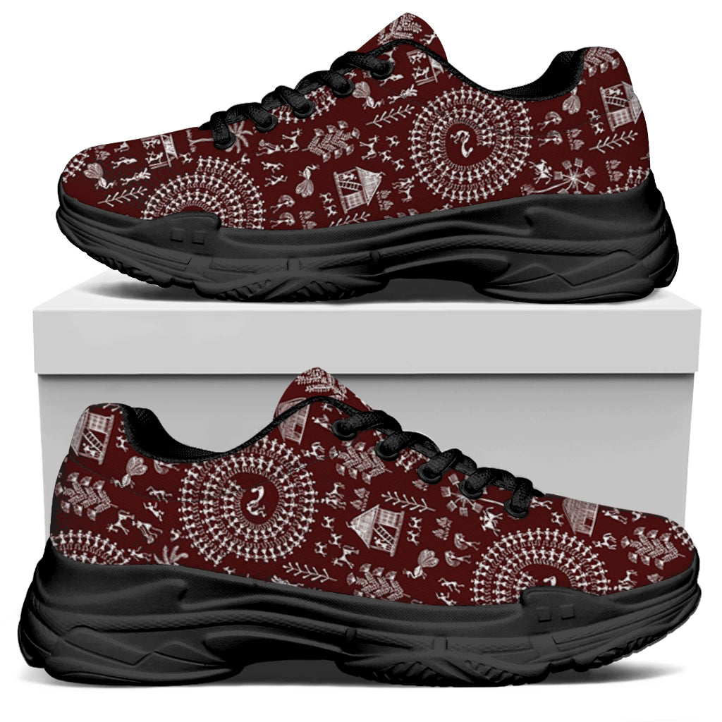 Red And White Warli Tribal Print Black Chunky Shoes