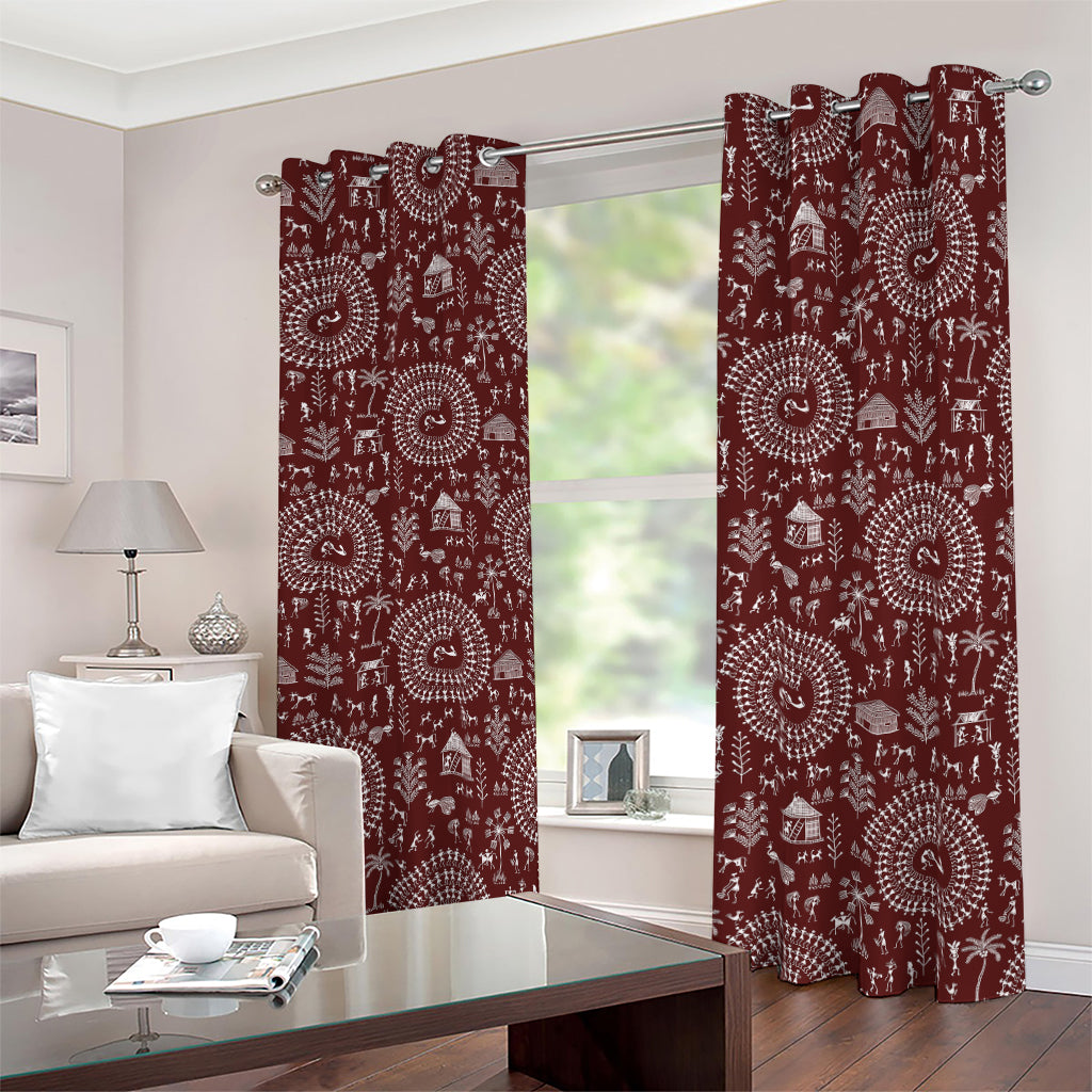 Red And White Warli Tribal Print Blackout Grommet Curtains