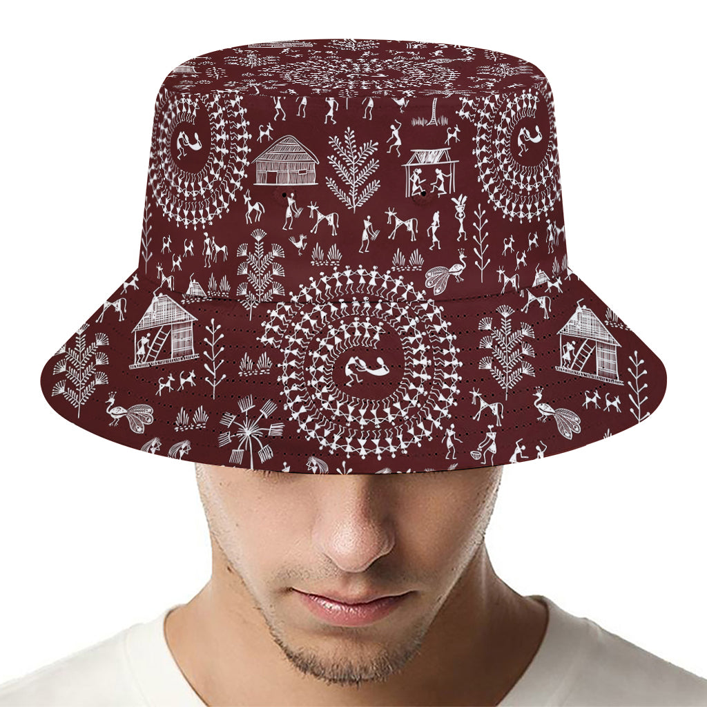 Red And White Warli Tribal Print Bucket Hat