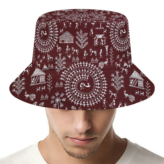 Red And White Warli Tribal Print Bucket Hat