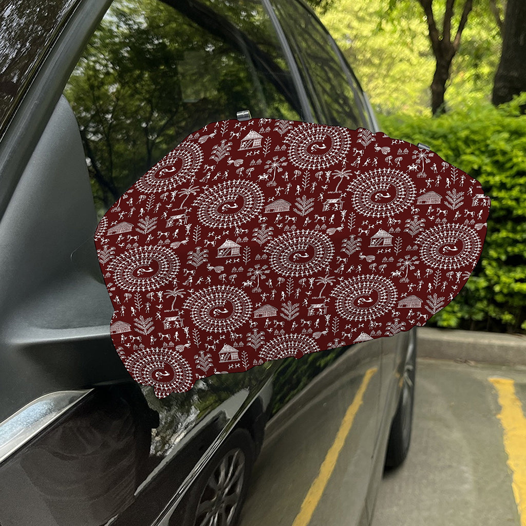 Red And White Warli Tribal Print Car Side Mirror Covers