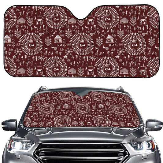 Red And White Warli Tribal Print Car Windshield Sun Shade