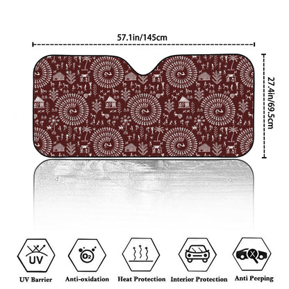 Red And White Warli Tribal Print Car Windshield Sun Shade
